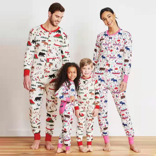 Round Neck with Button Printed Christmas Matching Family Pajamas Set