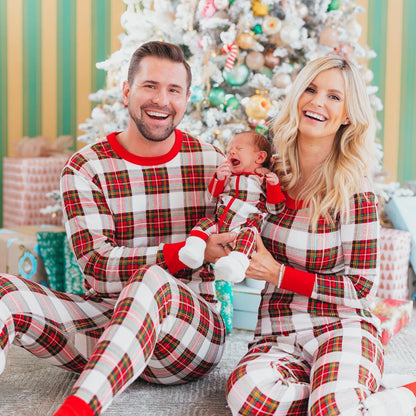Check Print Round Neck Matching Family Christmas Pajamas Set