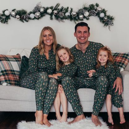 Green Printed V Neck Button Matching Family Pajamas Set