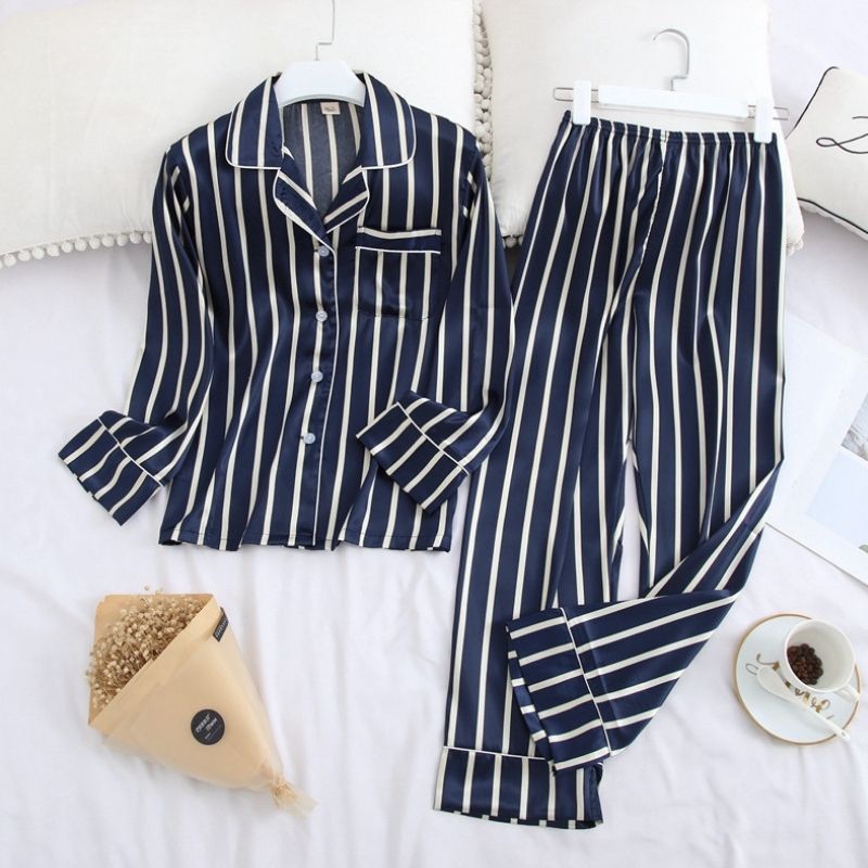 Blue And White Vertical Strips Silk Pajamas Set