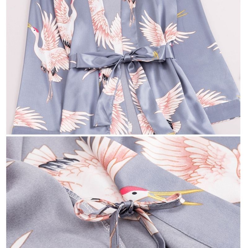 Fog Grey Flamingo 3 Piece Silk Pajama Set
