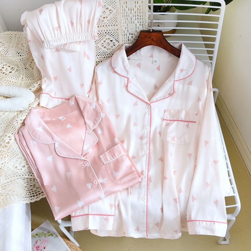 Heart Print Full Sleeve Silk Pajamas Set
