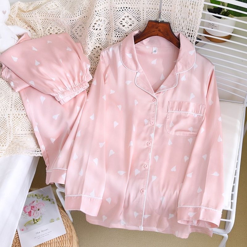Heart Print Full Sleeve Silk Pajamas Set