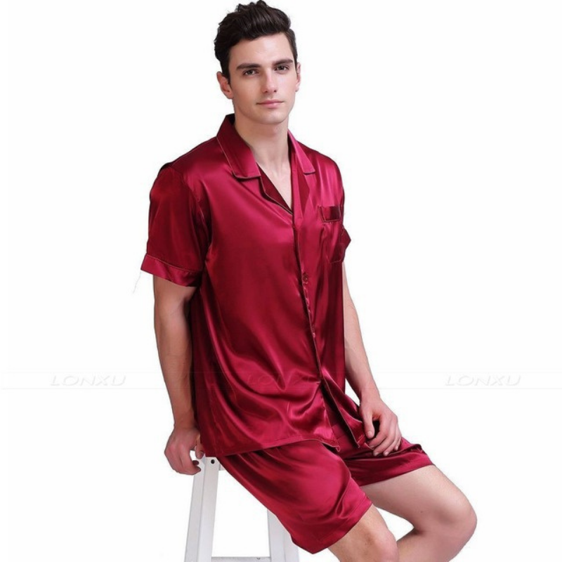 Men Red Silk Pajamas Set