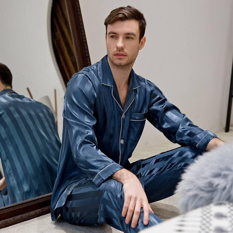 Men Silk Lake Blue Pajamas Set