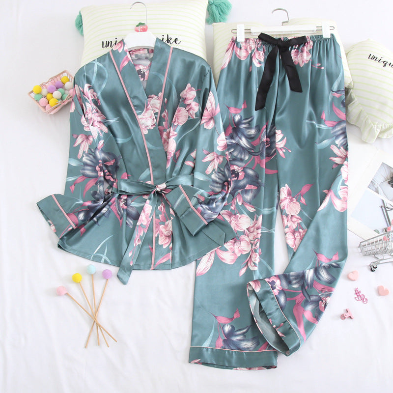 Silk Flower Print Nightgown Trouser Set