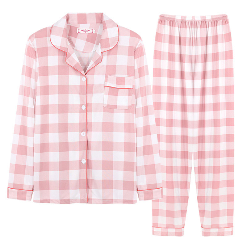Women Pink Big Grid Pajamas Set