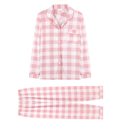 Women Pink Big Grid Pajamas Set