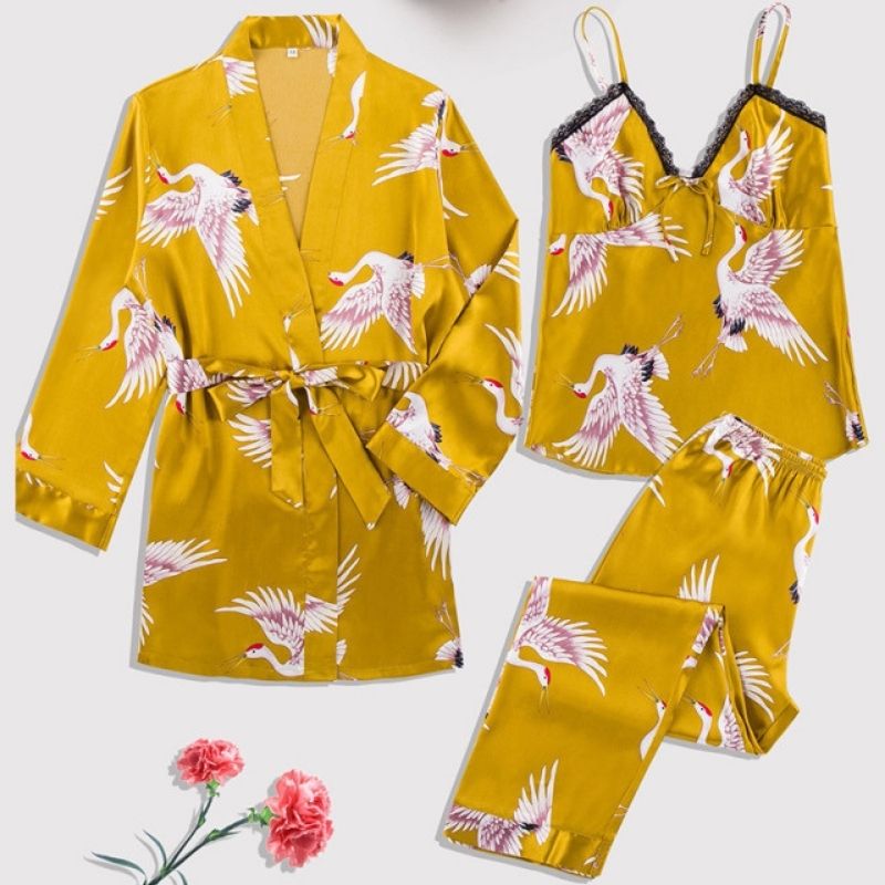 Yellow Flamingo 3 Piece Silk Pajamas Set
