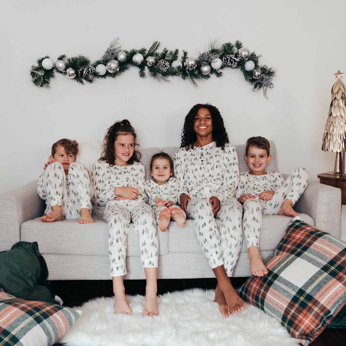 White Christmas Tree V Neck Button Matching Family Pajamas Set