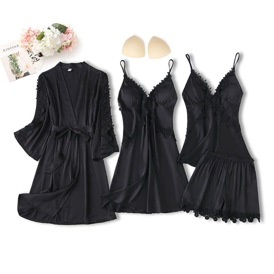4 Piece Black Silk Nightgown With Cover Up & Short Set
