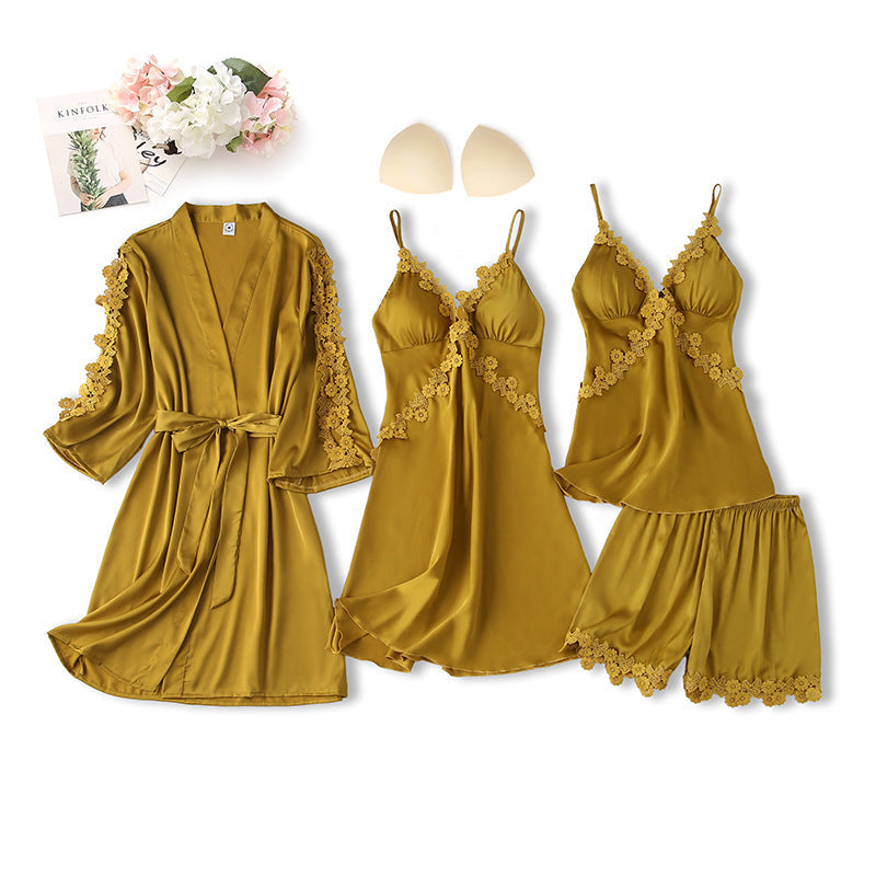 4 Piece Yellow Silk Nightgown With Cover Up & Short Set